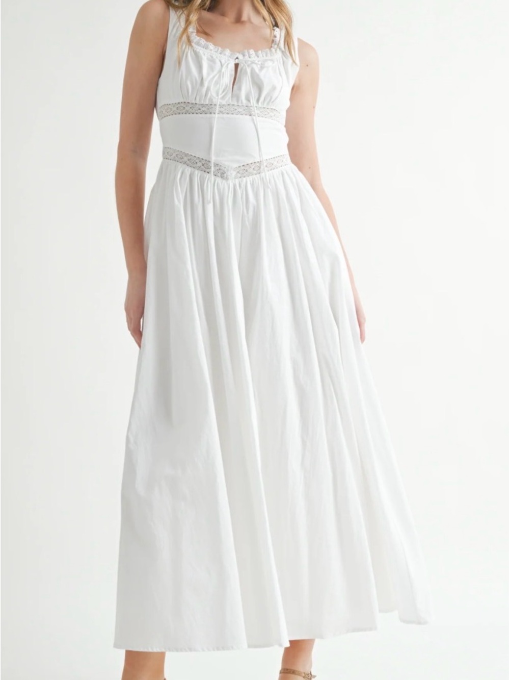 VRG GRL White Midi Dress Lace Trim Tie Front Cottagecore Size AU 10